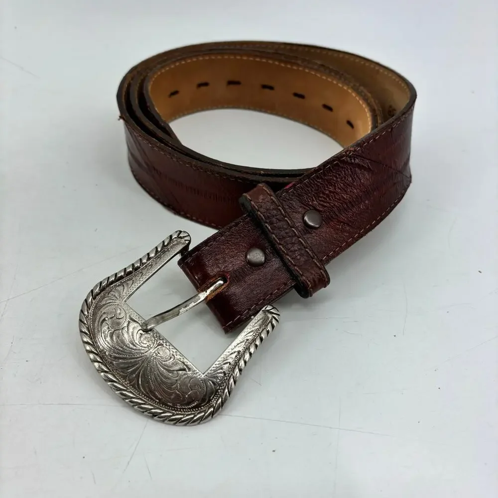 Justin Mens Size 38 Belt Brown Mahogany Genuine Eel Leather Western